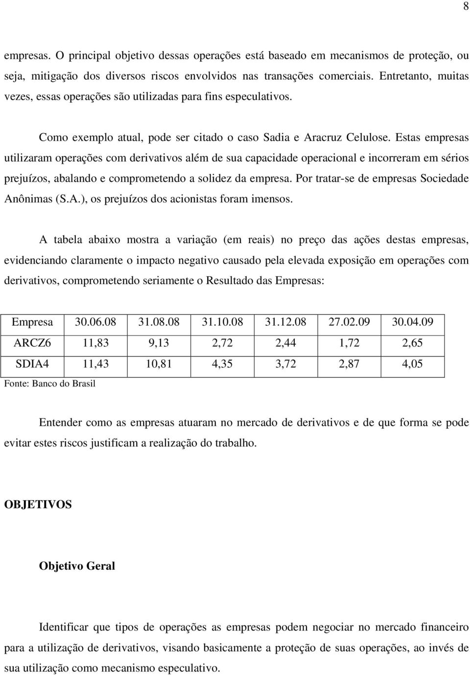 Estas empresas utilizaram operações com derivativos além de sua capacidade operacional e incorreram em sérios prejuízos, abalando e comprometendo a solidez da empresa.