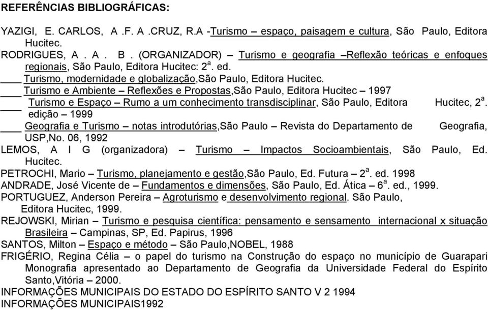 Turismo e Ambiente Reflexões e Propostas,São Paulo, Editora Hucitec 1997 Turismo e Espaço Rumo a um conhecimento transdisciplinar, São Paulo, Editora Hucitec, 2 a.