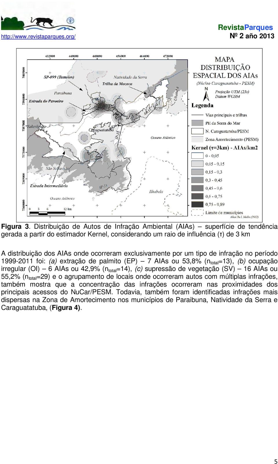 exclusivamente por um tipo de infração no período 1999-2011 foi: (a) extração de palmito (EP) 7 AIAs ou 53,8% (n total =13), (b) ocupação irregular (OI) 6 AIAs ou 42,9% (n total =14), (c) supressão