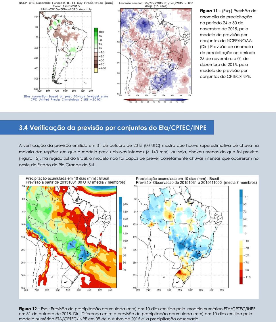 4 Verificação da previsão por conjuntos do Eta/CPTEC/INPE A verificação da previsão emitida em 31 de outubro de 2015 (00 UTC) mostra que houve superestimativa de chuva na maioria das regiões em que o