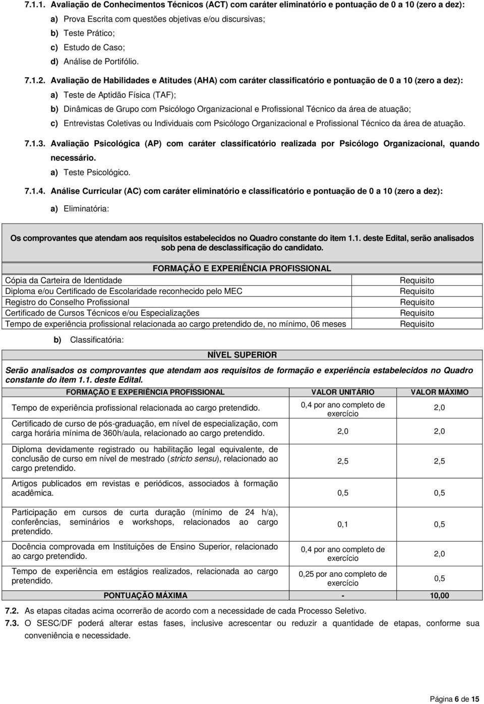 Avaliação de Habilidades e Atitudes (AHA) com caráter classificatório e pontuação de 0 a 10 (zero a dez): a) Teste de Aptidão Física (TAF); b) Dinâmicas de Grupo com Psicólogo Organizacional e