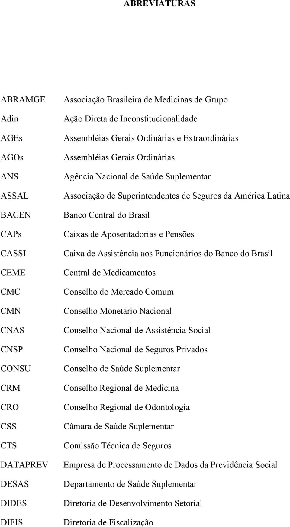 Banco Central do Brasil Caixas de Aposentadorias e Pensões Caixa de Assistência aos Funcionários do Banco do Brasil Central de Medicamentos Conselho do Mercado Comum Conselho Monetário Nacional