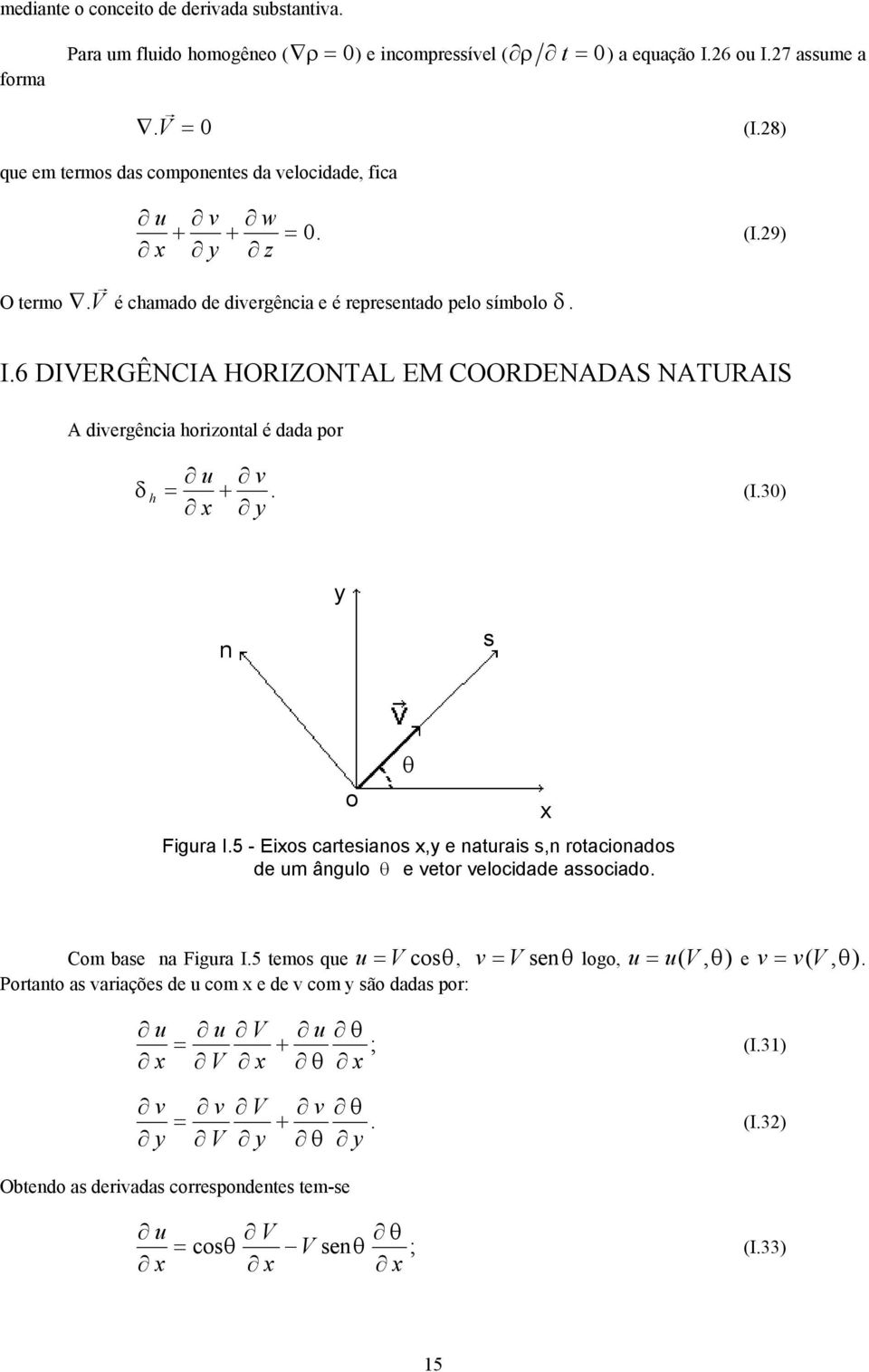 6 DIVERGÊNCIA HORIZONTAL EM COORDENADAS NATURAIS A divergência horizontal é dada por v δ h = +. (I.30) x y y n s θ o x Figra I.