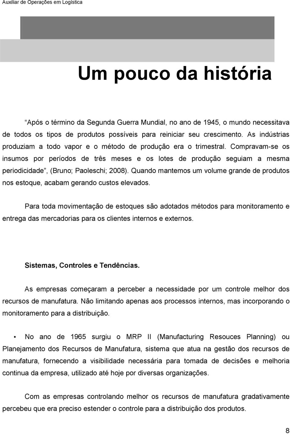 Compravam-se os insumos por períodos de três meses e os lotes de produção seguiam a mesma periodicidade, (Bruno; Paoleschi; 2008).