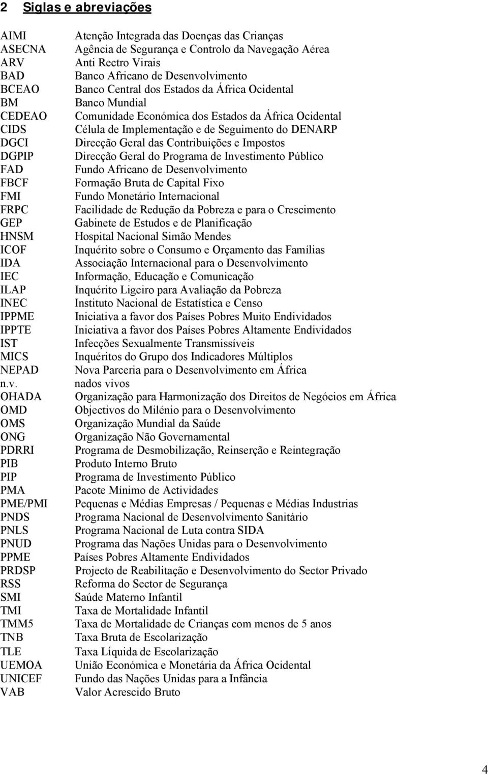 OHADA OMD OMS ONG PDRRI PIB PIP PMA PME/PMI PNDS PNLS PNUD PPME PRDSP RSS SMI TMI TMM5 TNB TLE UEMOA UNICEF VAB Atenção Integrada das Doenças das Crianças Agência de Segurança e Controlo da Navegação