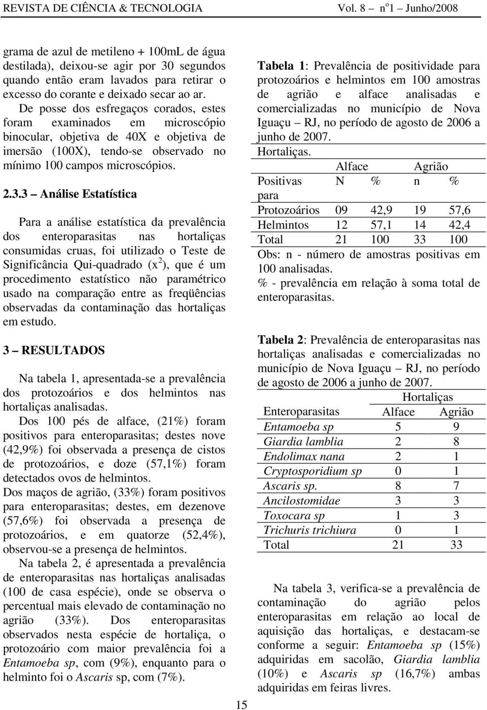 3 Análise Estatística Para a análise estatística da prevalência dos enteroparasitas nas hortaliças consumidas cruas, foi utilizado o Teste de Significância Qui-quadrado (x 2 ), que é um procedimento