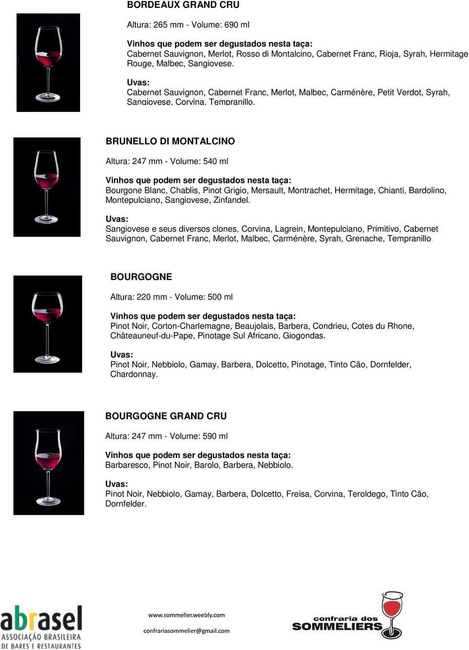 BRUNELLO DI MONTALCINO Altura: 247 mm - Volume: 540 ml Bourgone Blanc, Chablis, Pinot Grigio, Mersault, Montrachet, Hermitage, Chianti, Bardolino, Montepulciano, Sangiovese, Zinfandel.
