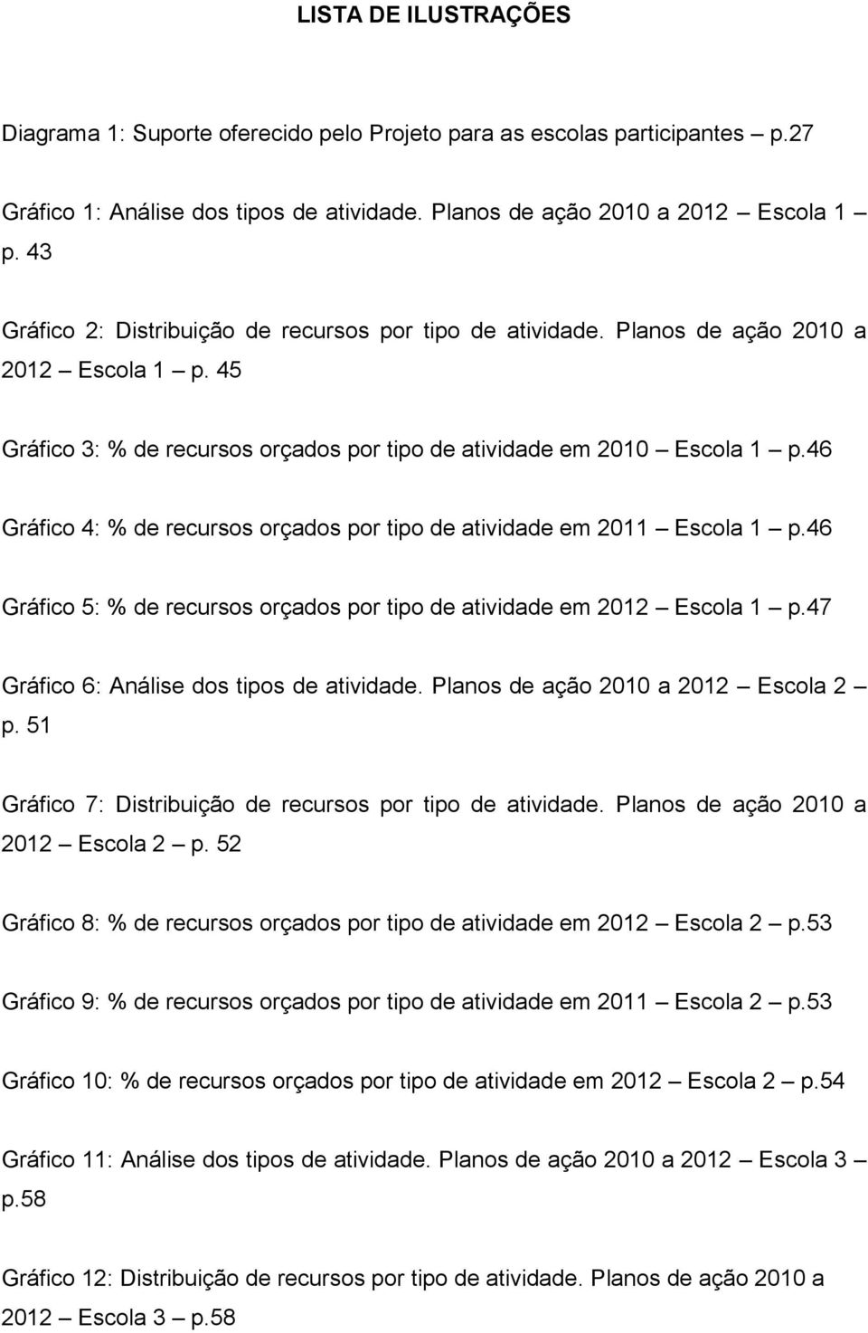 46 Gráfico 4: % de recursos orçados por tipo de atividade em 2011 Escola 1 p.46 Gráfico 5: % de recursos orçados por tipo de atividade em 2012 Escola 1 p.47 Gráfico 6: Análise dos tipos de atividade.