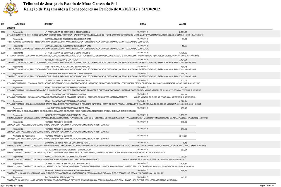 DE TELECOMUNICACOES S/A-EMB 15/10/2012 81,70 PRESTACAO DE SERVICO DE TELEFONIA FIXA DE LONGA DISTANCIA,SERVICO JA FORNECIDO PELA EMPRESA QUANDO DA UTILIZACAO DO CODIGO 21. EMPRESA BRAS.
