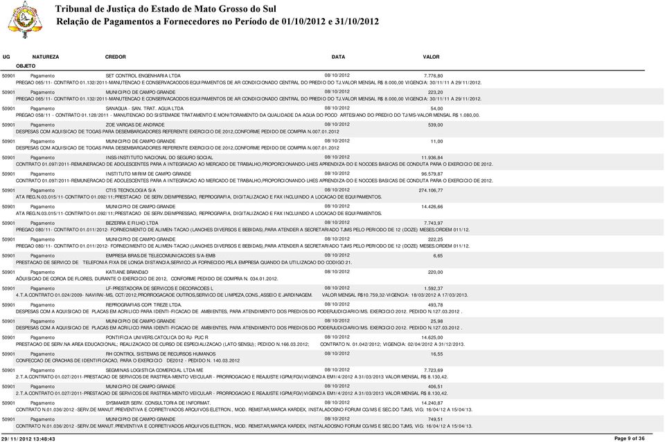 132/2011-MANUTENCAO E CONSERVACAODOS EQUIPAMENTOS DE AR CONDICIONADO CENTRAL DO PREDIO DO TJ. MENSAL R$ 8.000,00 VIGENCIA: 30/11/11 A 29/11/2012. SANAGUA - SAN. TRAT.