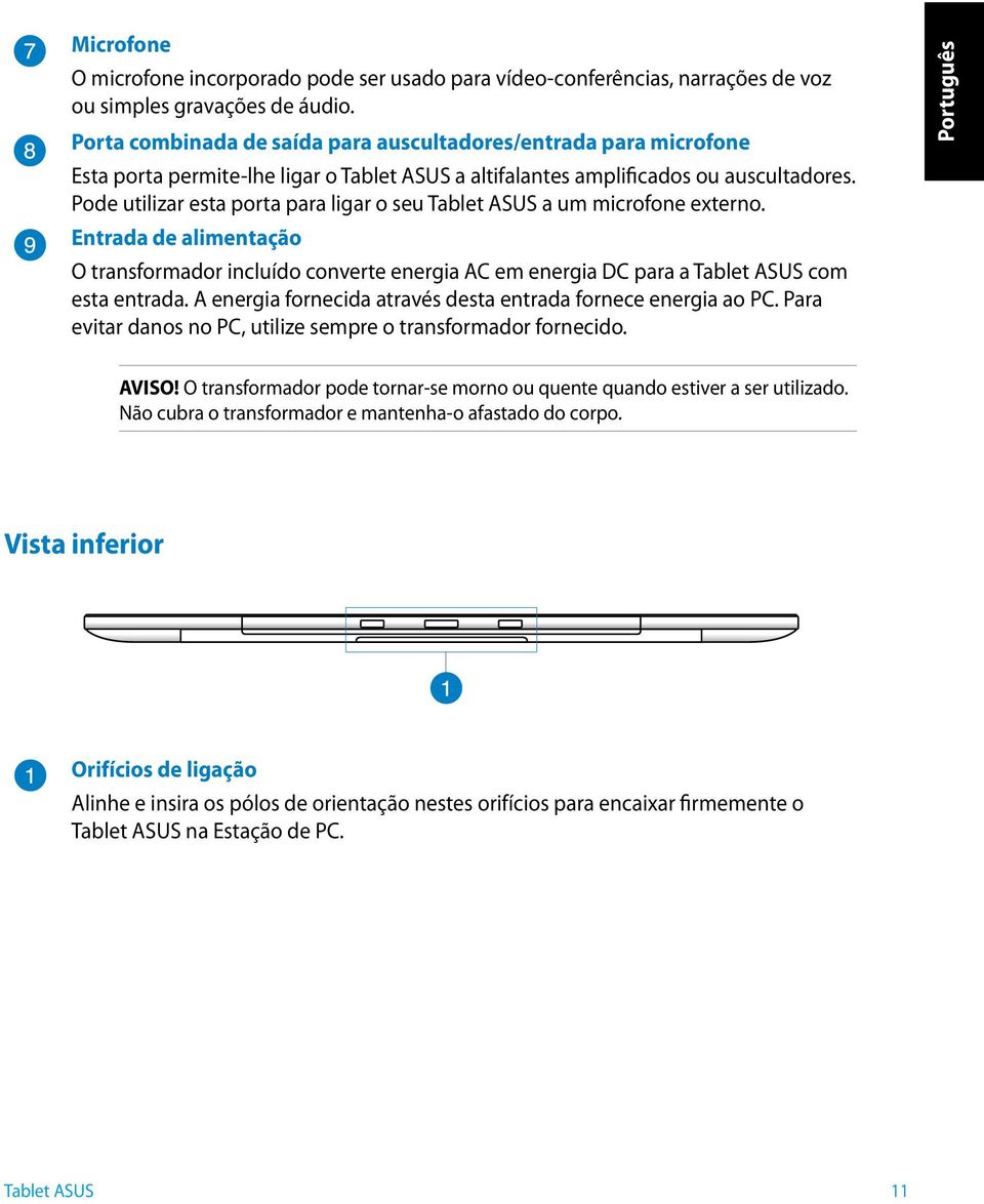 Pode utilizar esta porta para ligar o seu a um microfone externo. Entrada de alimentação O transformador incluído converte energia AC em energia DC para a com esta entrada.