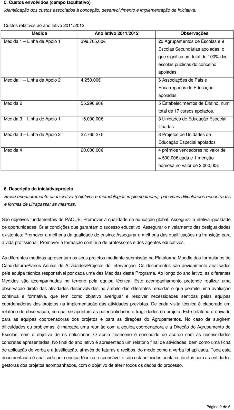 765,00 20 Agrupamentos de Escolas e 9 Escolas Secundárias, o que significa um total de 100% das escolas públicas do concelho. Medida 1 Linha de Apoio 2 4.