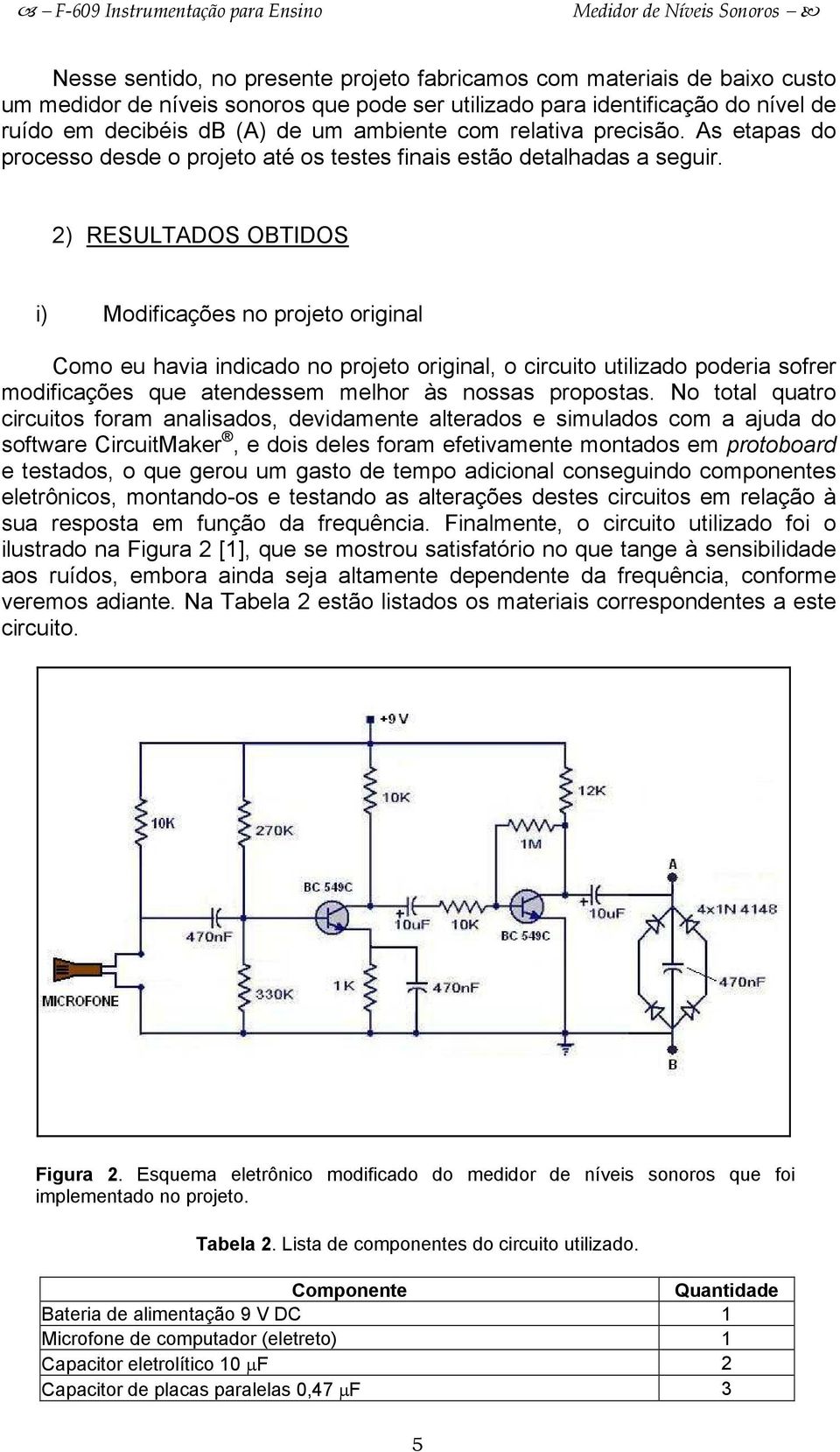 2) RESULTADOS OBTIDOS i) Modificações no projeto original Como eu havia indicado no projeto original, o circuito utilizado poderia sofrer modificações que atendessem melhor às nossas propostas.