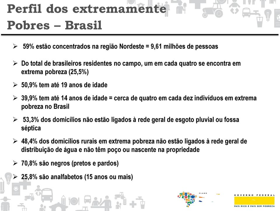 pobreza no Brasil 53,3% dos domicílios não estão ligados à rede geral de esgoto pluvial ou fossa séptica 48,4% dos domicílios rurais em extrema pobreza não estão
