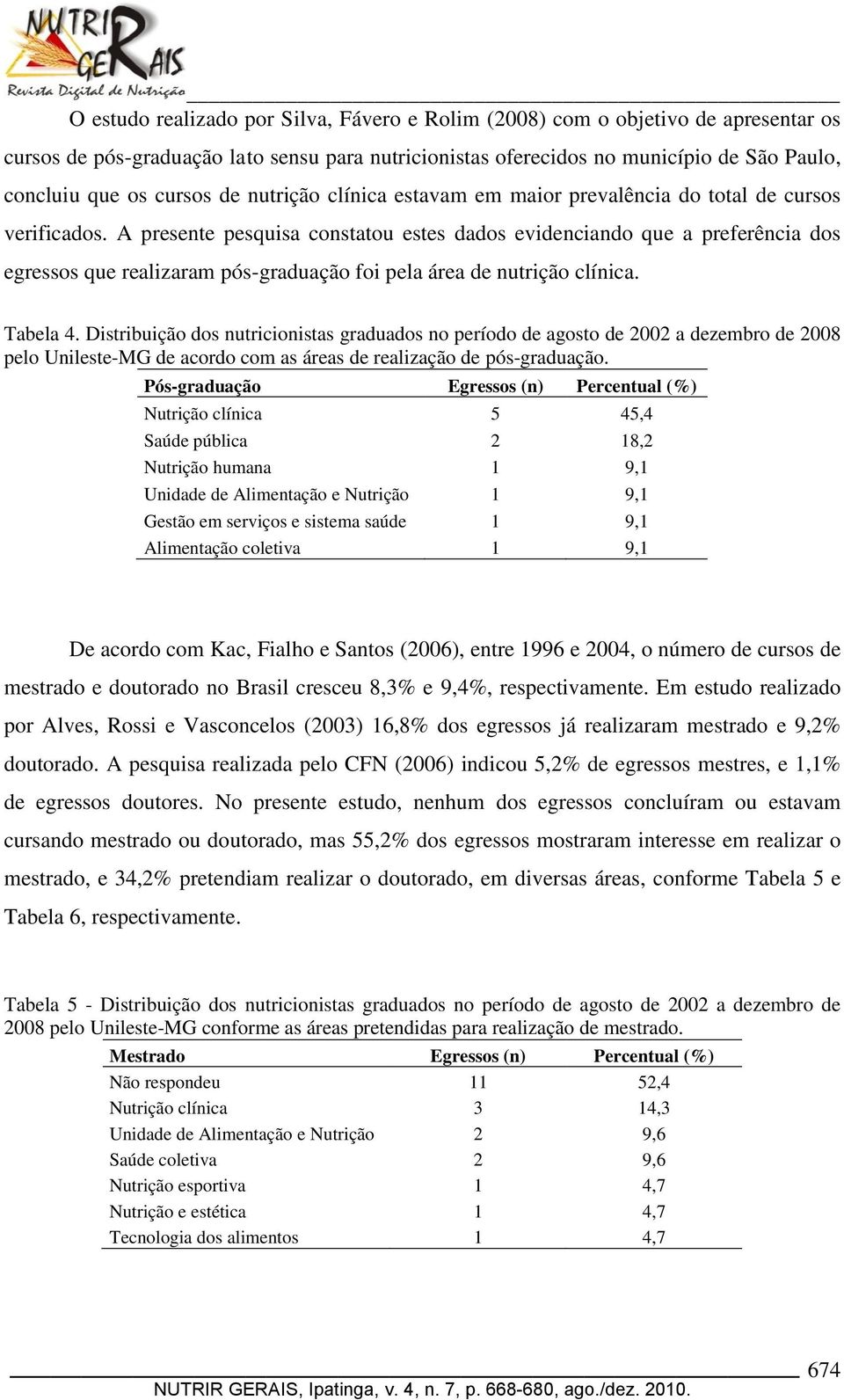 A presente pesquisa constatou estes dados evidenciando que a preferência dos egressos que realizaram pós-graduação foi pela área de nutrição clínica. Tabela 4.