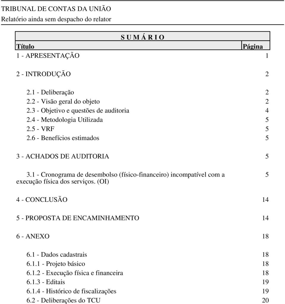 1 - Cronograma de desembolso (físico-financeiro) incompatível com a execução física dos serviços.