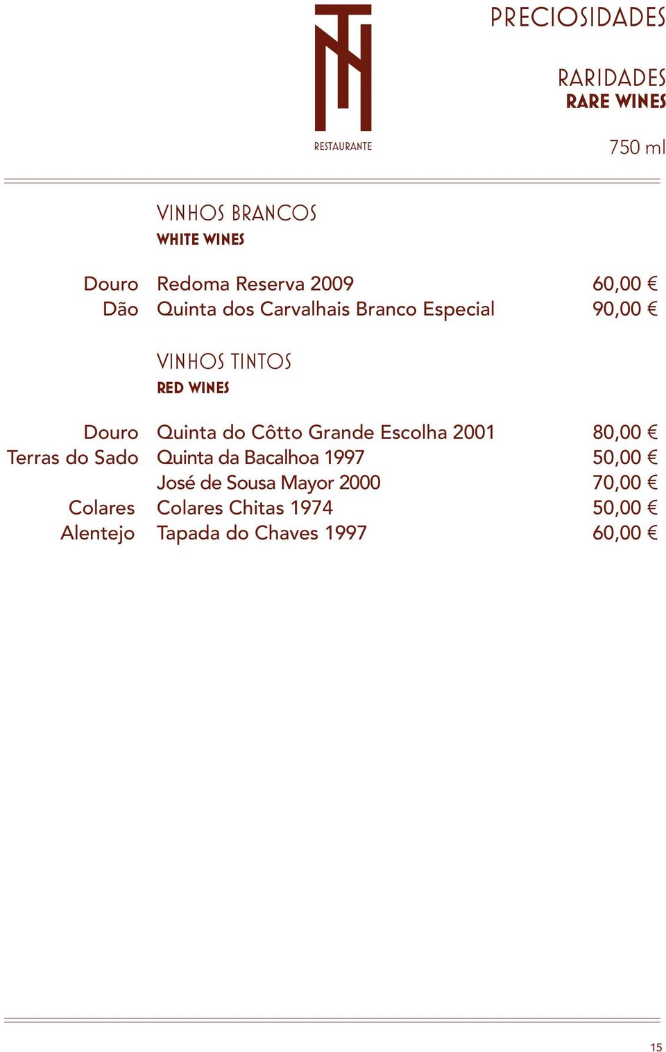 do Côtto Grande Escolha 2001 80,00 Terras do Sado Quinta da Bacalhoa 1997 50,00 José de