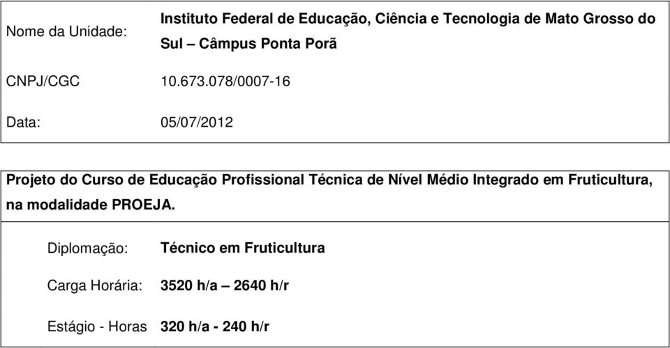 078/0007-16 Data: 05/07/2012 Projeto do Curso de Educação Profissional Técnica de Nível