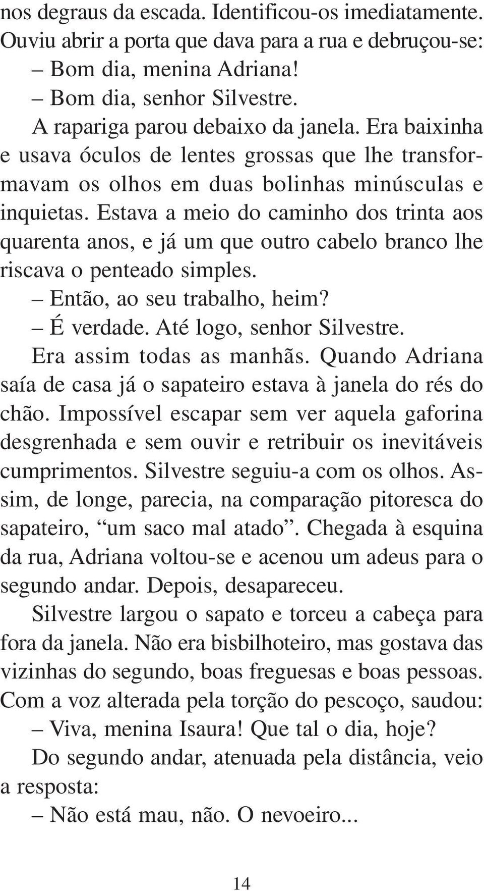 Estava a meio do caminho dos trinta aos quarenta anos, e já um que outro cabelo branco lhe riscava o penteado simples. Então, ao seu trabalho, heim? É verdade. Até logo, senhor Silvestre.