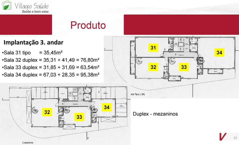 35,31 + 41,49 = 76,80m² Sala 33 duplex = 31,85 +