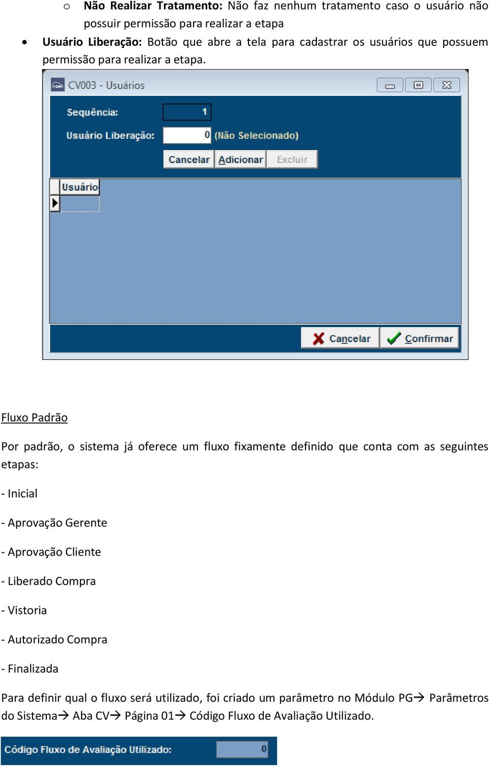 Fluxo Padrão Por padrão, o sistema já oferece um fluxo fixamente definido que conta com as seguintes etapas: - Inicial - Aprovação Gerente -