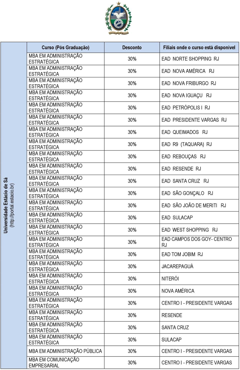 30% EAD SÃO GONÇALO 30% EAD SÃO JOÃO DE MERITI 30% EAD SULACAP 30% EAD WEST SHOPPING 30% 30% EAD TOM JOBIM 30%