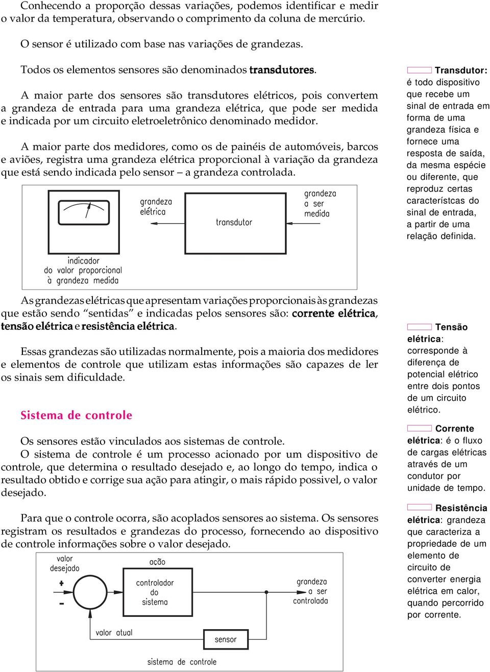 A maior parte dos sensores são transdutores elétricos, pois convertem a grandeza de entrada para uma grandeza elétrica, que pode ser medida e indicada por um circuito eletroeletrônico denominado