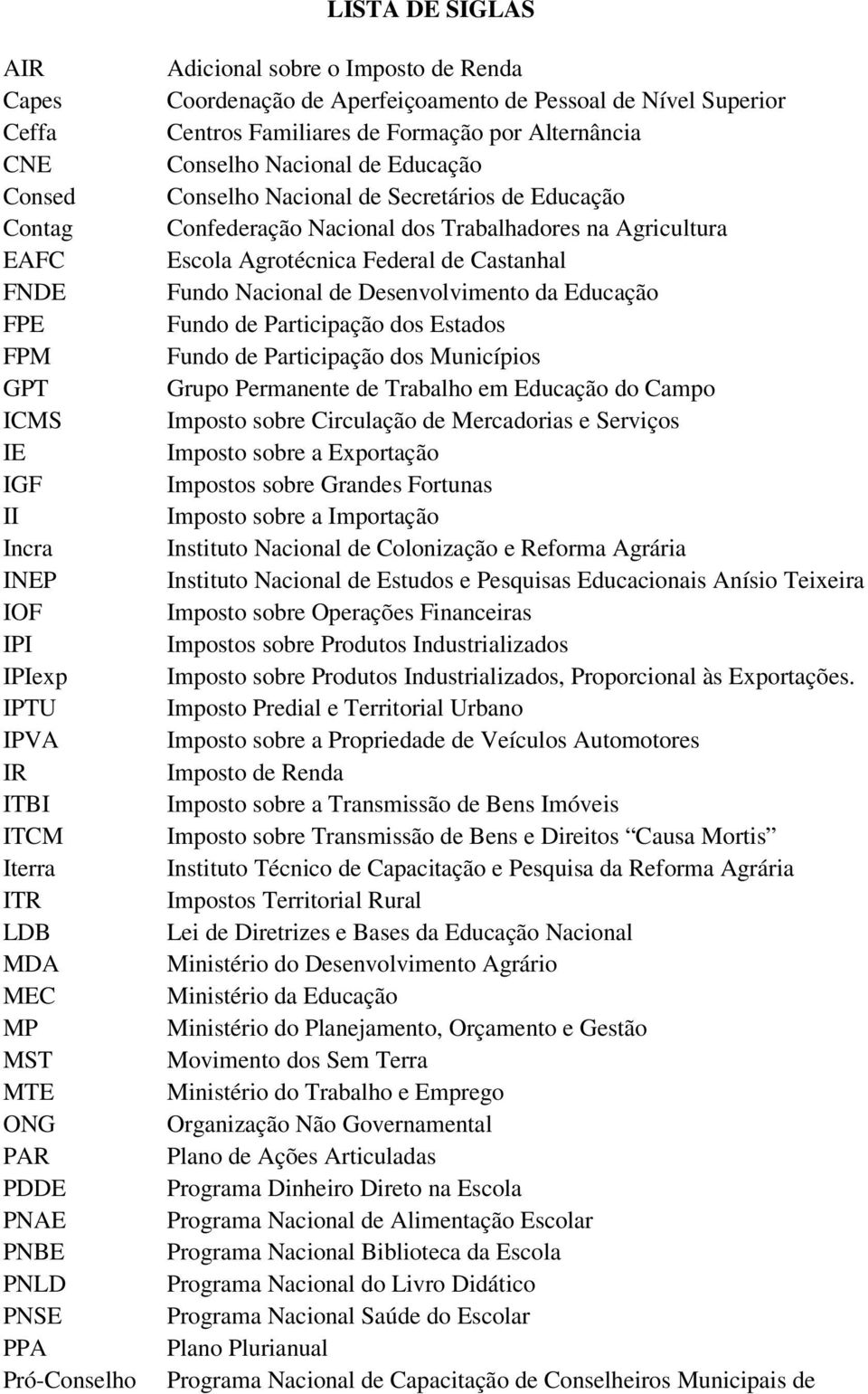 Conselho Nacional de Secretários de Educação Confederação Nacional dos Trabalhadores na Agricultura Escola Agrotécnica Federal de Castanhal Fundo Nacional de Desenvolvimento da Educação Fundo de