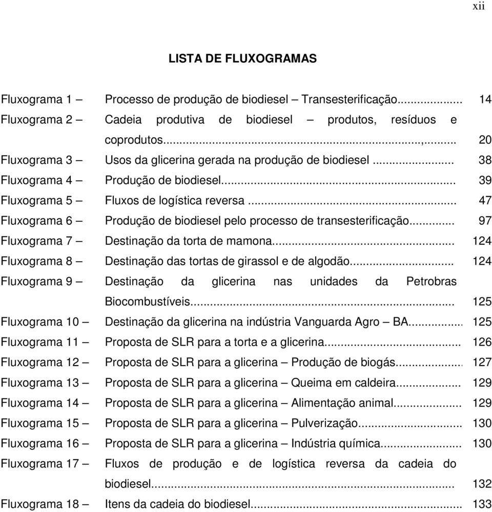 .. 47 Fluxograma 6 Produção de biodiesel pelo processo de transesterificação... 97 Fluxograma 7 Destinação da torta de mamona... 124 Fluxograma 8 Destinação das tortas de girassol e de algodão.