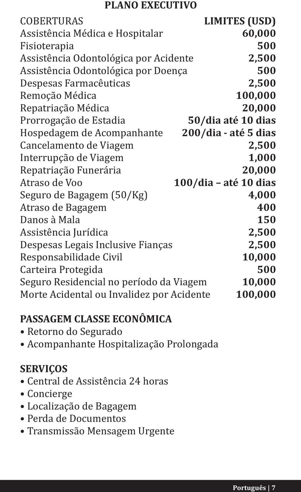 Assistência Jurídica Despesas Legais Inclusive Fianças Responsabilidade Civil Carteira Protegida Seguro Residencial no período da Viagem Morte Acidental ou Invalidez por Acidente PASSAGEM CLASSE