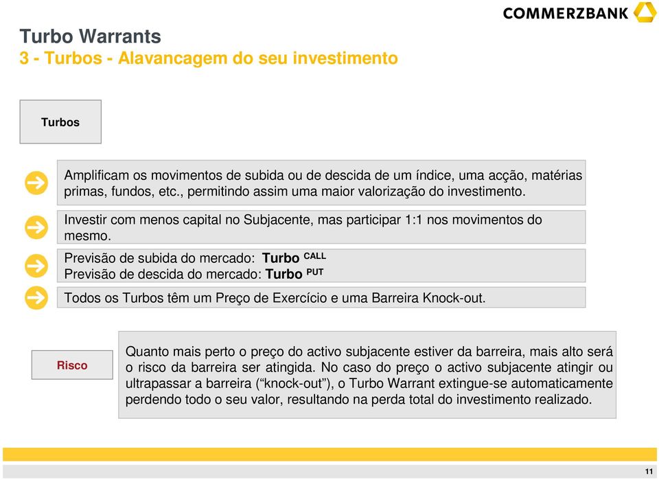 Previsão de subida do mercado: Turbo CALL Previsão de descida do mercado: Turbo PUT Todos os Turbos têm um Preço de Exercício e uma Barreira Knock-out.