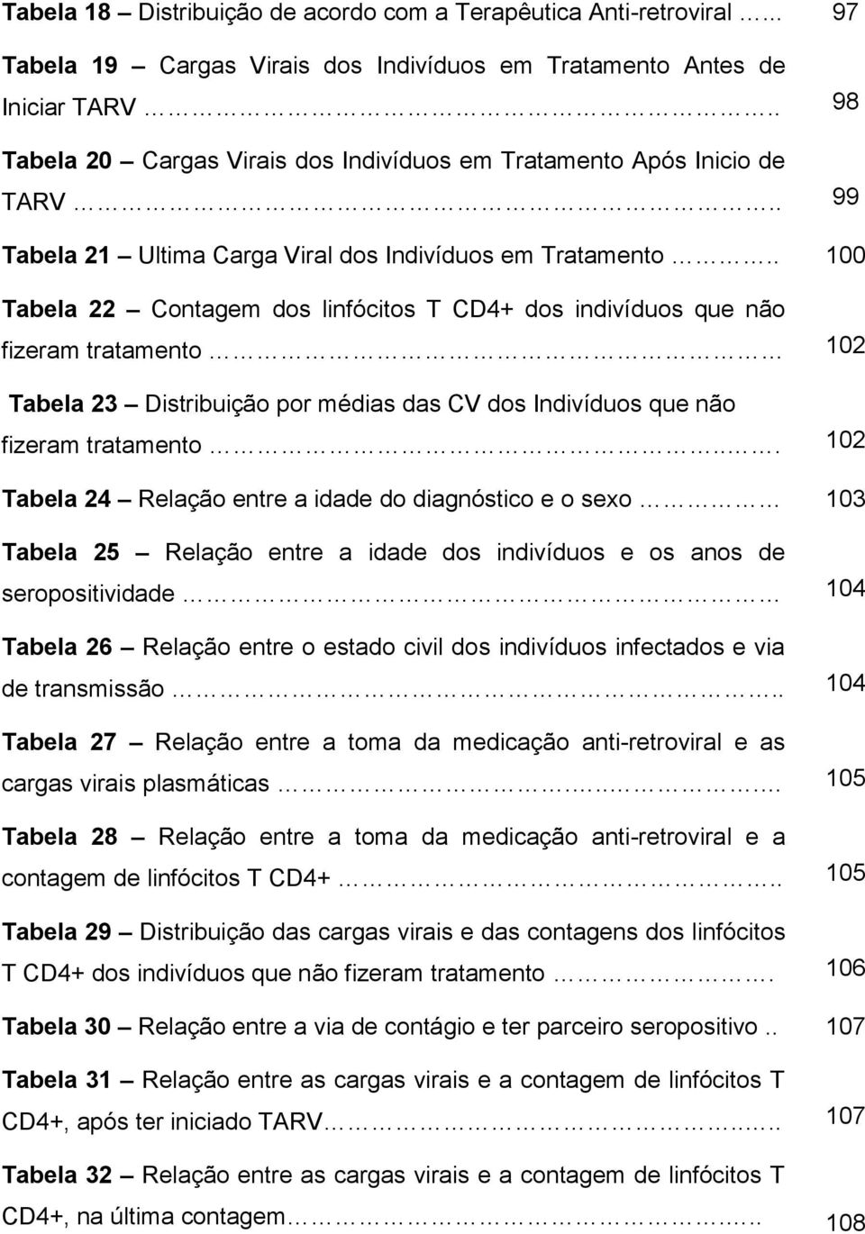 . 100 Tabela 22 Contagem dos linfócitos T CD4+ dos indivíduos que não fizeram tratamento 102 Tabela 23 Distribuição por médias das CV dos Indivíduos que não fizeram tratamento.