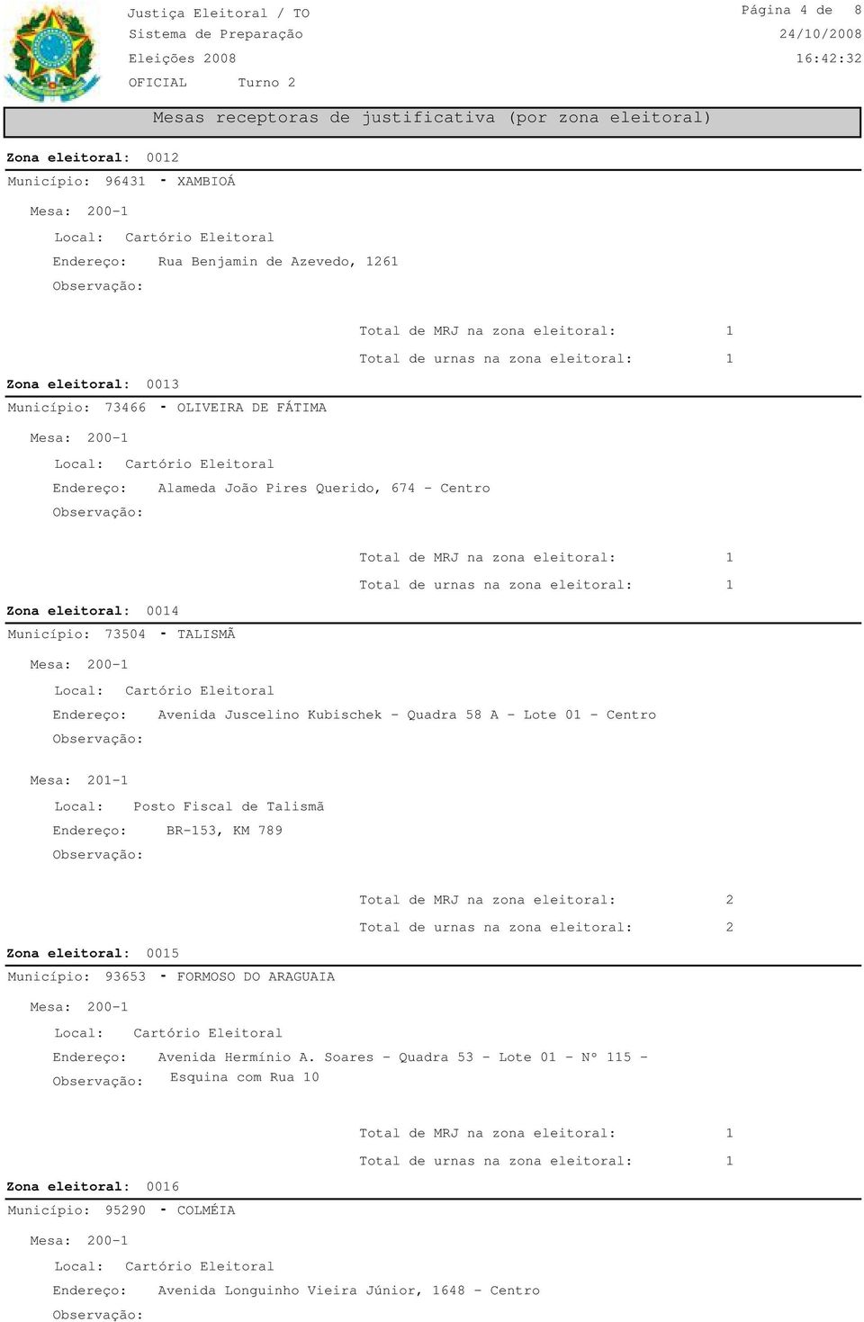 Centro Local: Posto Fiscal de Talismã BR-153, KM 789 Total de MRJ na zona eleitoral: 2 Total de urnas na zona eleitoral: 2 Zona eleitoral: 0015 Município: 93653 - FORMOSO DO ARAGUAIA