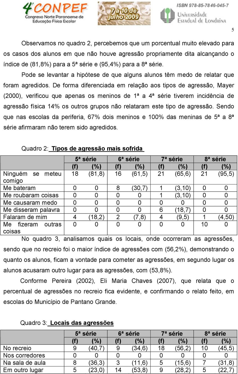 De forma diferenciada em relação aos tipos de agressão, Mayer (2000), verificou que apenas os meninos de 1ª a 4ª série tiverem incidência de agressão física 14% os outros grupos não relataram este