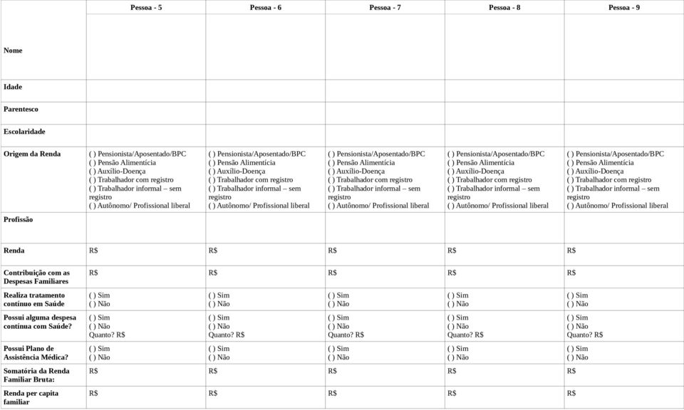 Renda Contribuição com as Despesas Familiares Realiza tratamento contínuo em Saúde Possui alguma despesa