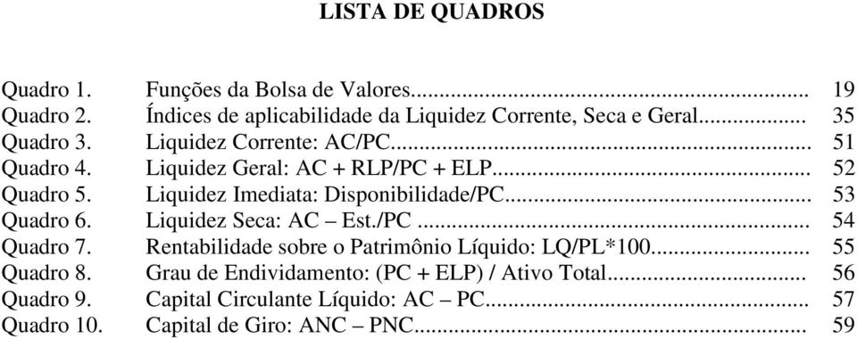 Liquidez Imediata: Disponibilidade/PC... 53 Quadro 6. Liquidez Seca: AC Est./PC... 54 Quadro 7.