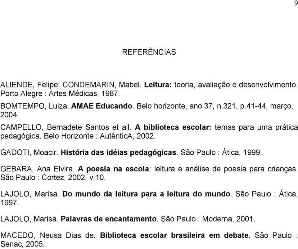 História das idéias pedagógicas. São Paulo : Ática, 1999. GEBARA, Ana Elvira. A poesia na escola: leitura e análise de poesia para crianças. São Paulo : Cortez, 2002. v.10. LAJOLO, Marisa.