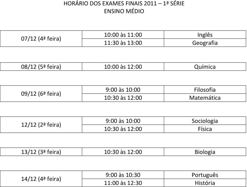 Filosofia 10:30 às 12:00 Matemática 12/12 (2ª feira) 9:00 às 10:00 Sociologia 10:30 às 12:00