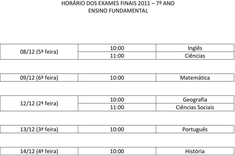 Matemática 12/12 (2ª feira) 10:00 Geografia 11:00 Ciências