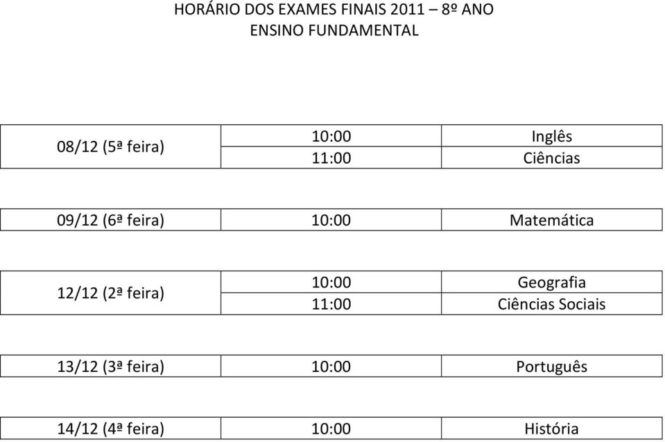 Matemática 12/12 (2ª feira) 10:00 Geografia 11:00 Ciências