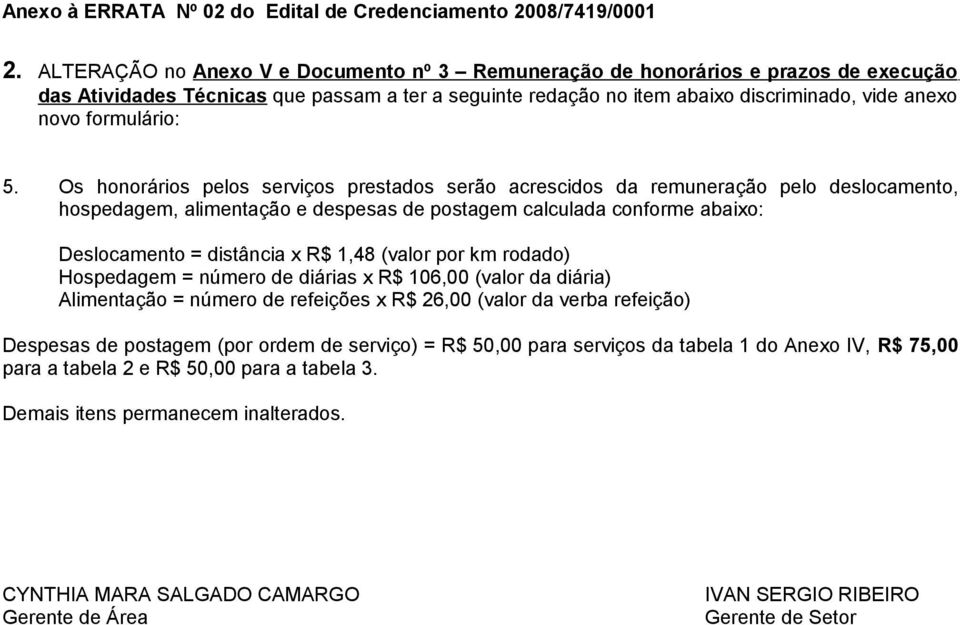 (valor por km rodado) Hospedagem = número de diárias x R$ 106,00 (valor da diária) Alimentação = número de refeições x R$ 26,00 (valor da verba refeição) Despesas de postagem (por ordem de serviço) =