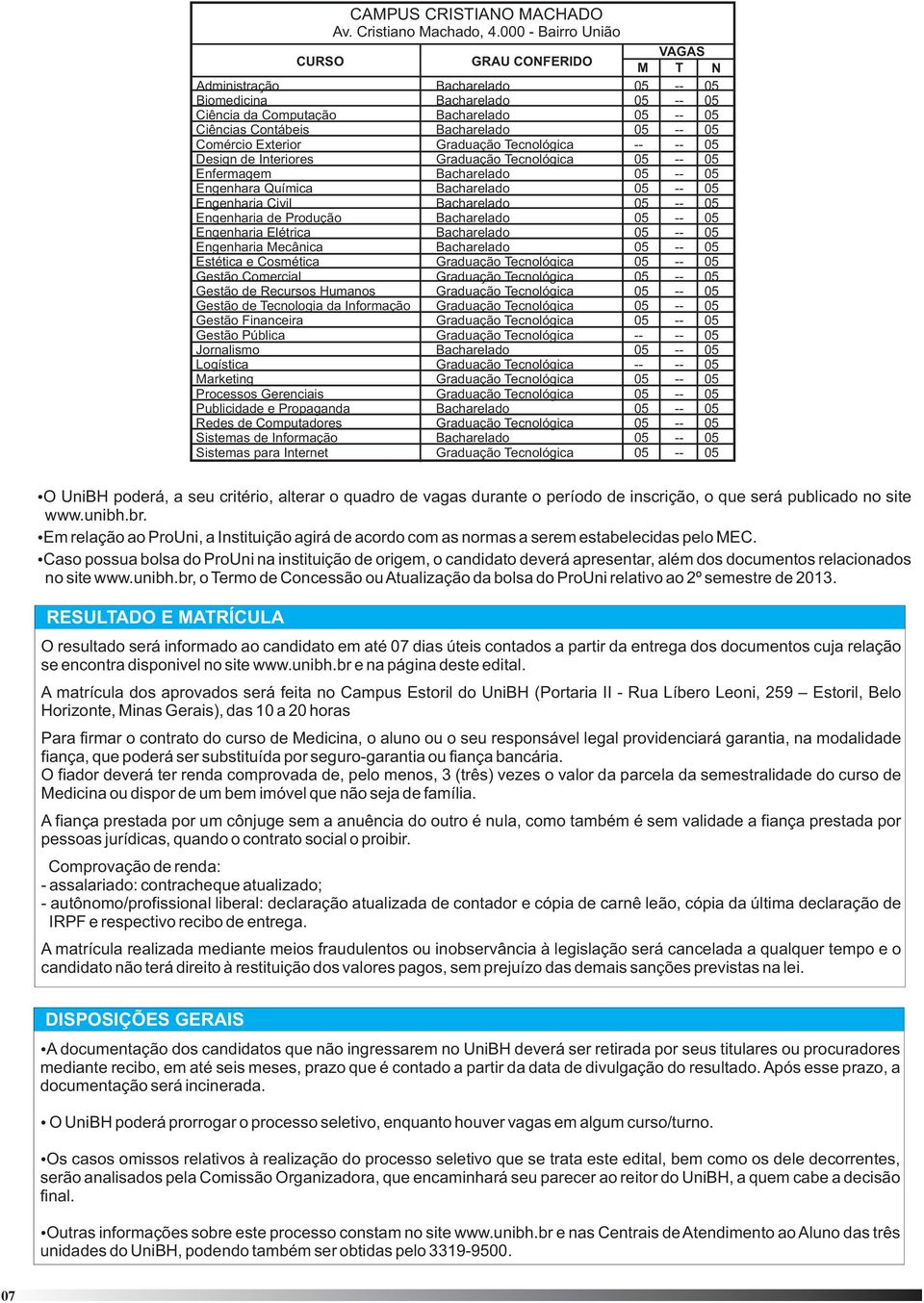 05 Comércio Exterior Graduação Tecnológica -- -- 05 Design de Interiores Graduação Tecnológica 05 -- 05 Enfermagem Bacharelado 05 -- 05 Engenhara Química Bacharelado 05 -- 05 Engenharia Civil