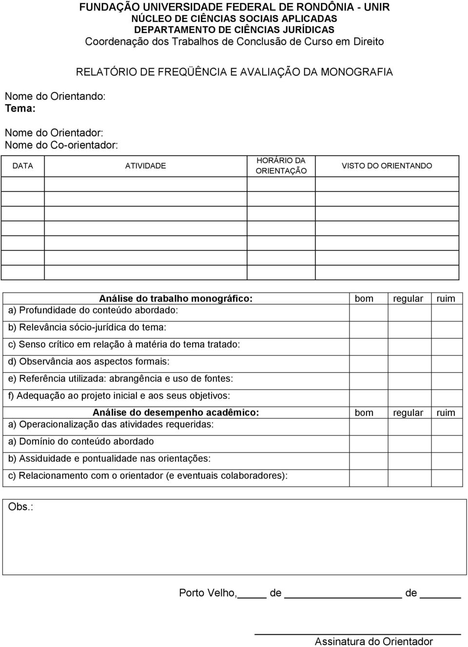 aspectos formais: e) Referência utilizada: abrangência e uso de fontes: f) Adequação ao projeto inicial e aos seus objetivos: Análise do desempenho acadêmico: bom regular ruim a)