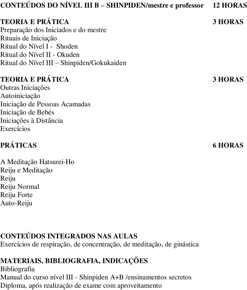 A Meditação Hatsurei-Ho Reiju e Meditação Reiju Reiju Normal Reiju Forte Auto-Reiju CONTEÚDOS INTEGRADOS NAS AULAS Exercícios de respiração, de concentração, de meditação,