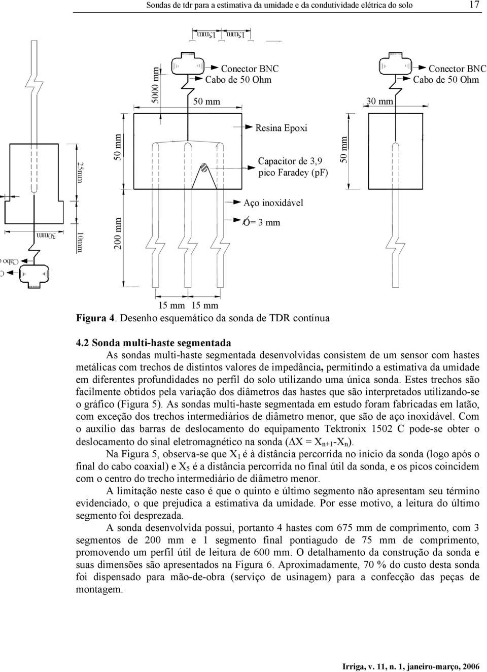 2 Sonda multi-haste segmentada As sondas multi-haste segmentada desenvolvidas consistem de um sensor com hastes metálicas com trechos de distintos valores de impedância, permitindo a estimativa da