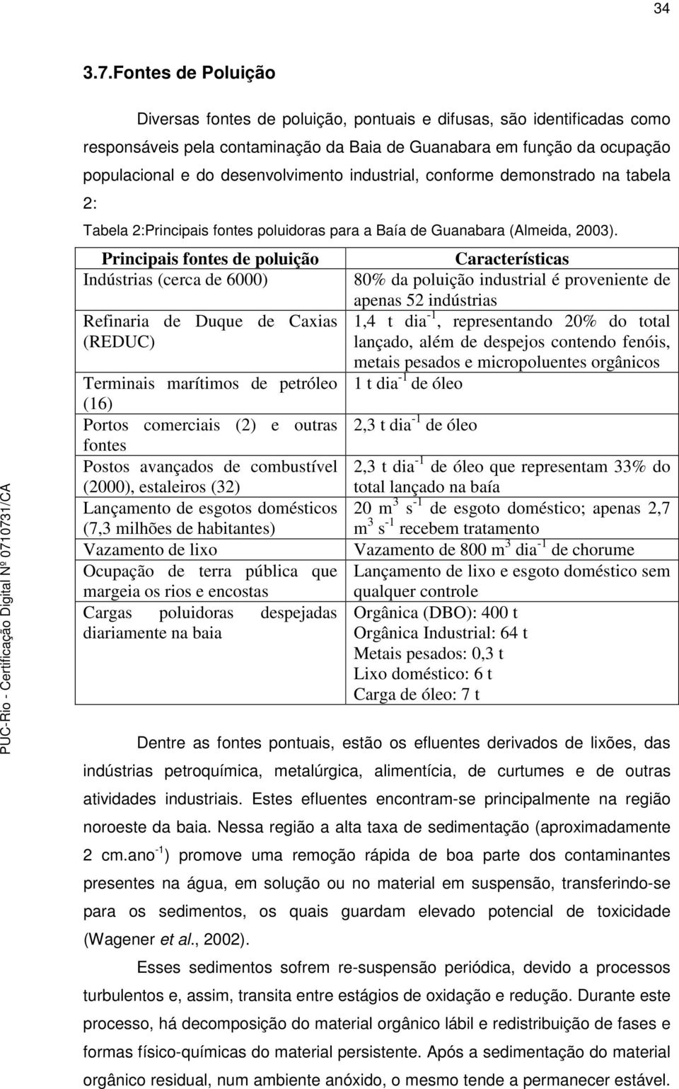 industrial, conforme demonstrado na tabela 2: Tabela 2:Principais fontes poluidoras para a Baía de Guanabara (Almeida, 2003).