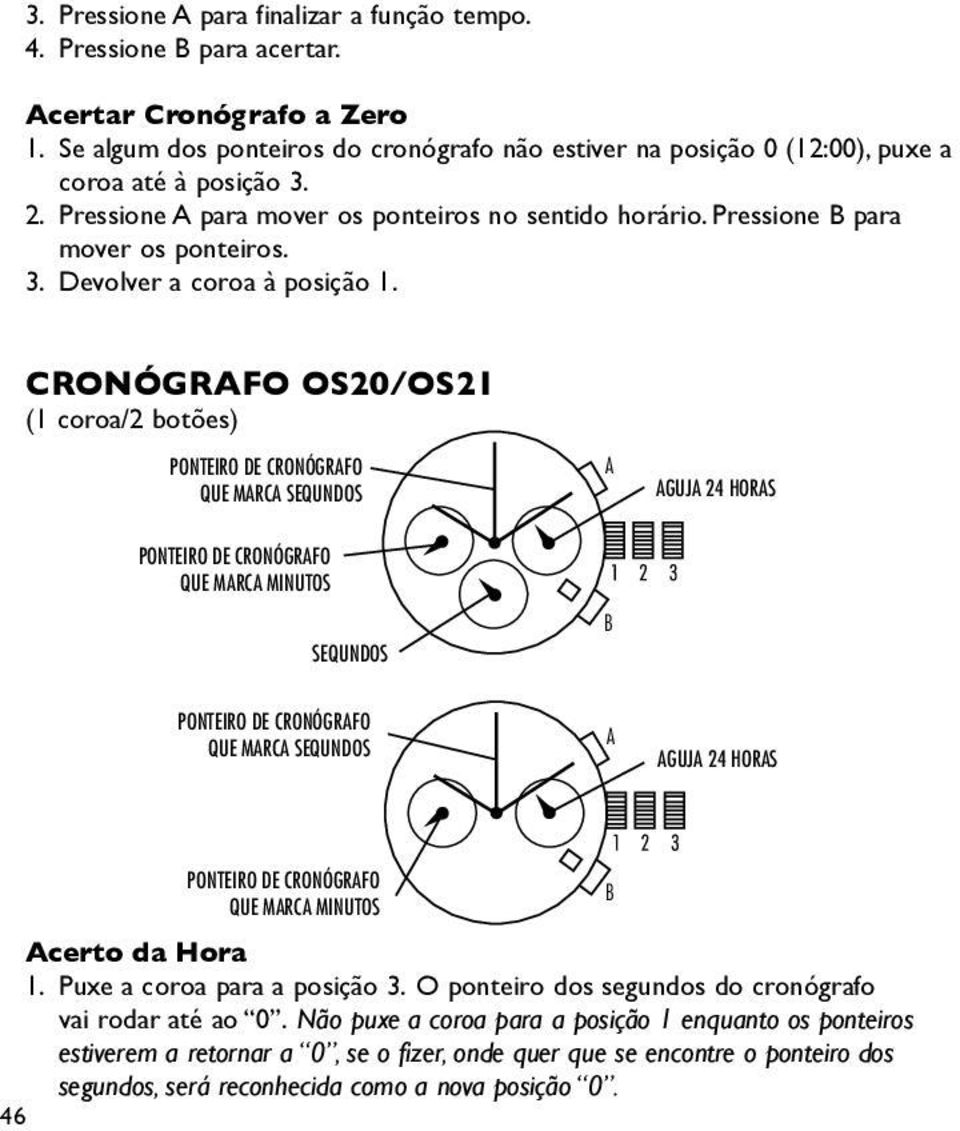 Cronógrafo OS20/OS21 (1 coroa/2 botões) PONTEIRO DE CRONÓGRAFO QUE MARCA SEQUNDOS A AGUJA 24 HORAS PONTEIRO DE CRONÓGRAFO QUE MARCA MINUTOS SEQUNDOS B PONTEIRO DE CRONÓGRAFO QUE MARCA SEQUNDOS A