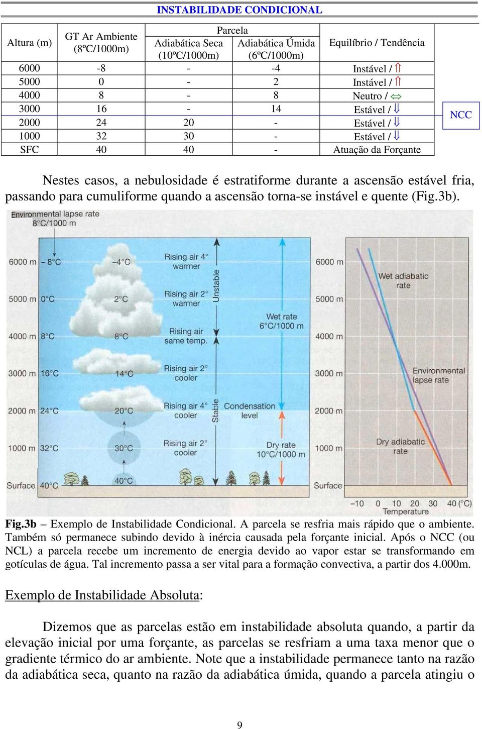 passando para cumuliforme quando a ascensão torna-se instável e quente (Fig.3b). Fig.3b Exemplo de Instabilidade Condicional. A parcela se resfria mais rápido que o ambiente.