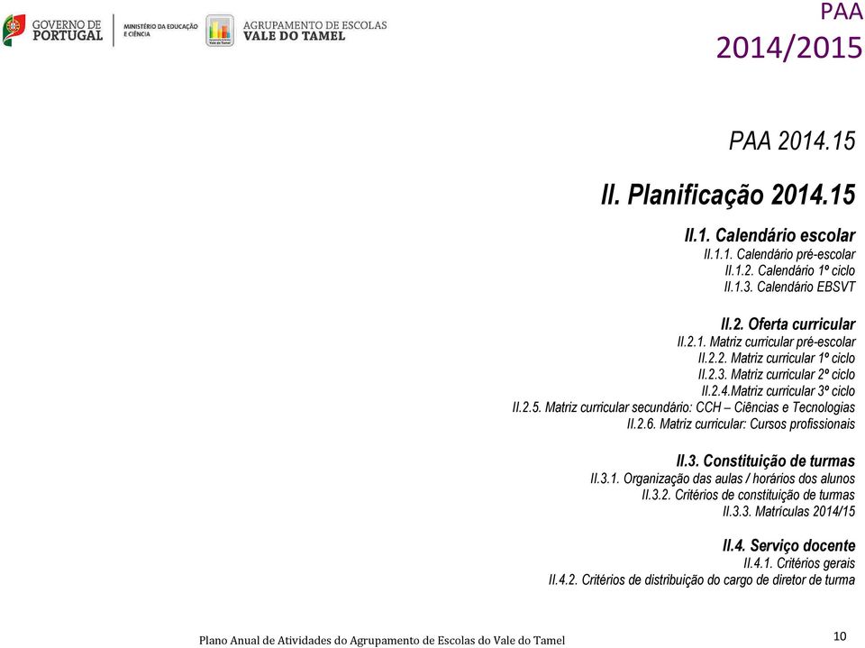 Matriz curricular: Cursos profissionais II.3. Constituição de turmas II.3.1. Organização das aulas / horários dos alunos II.3.2. Critérios de constituição de turmas II.3.3. Matrículas 2014/15 II.