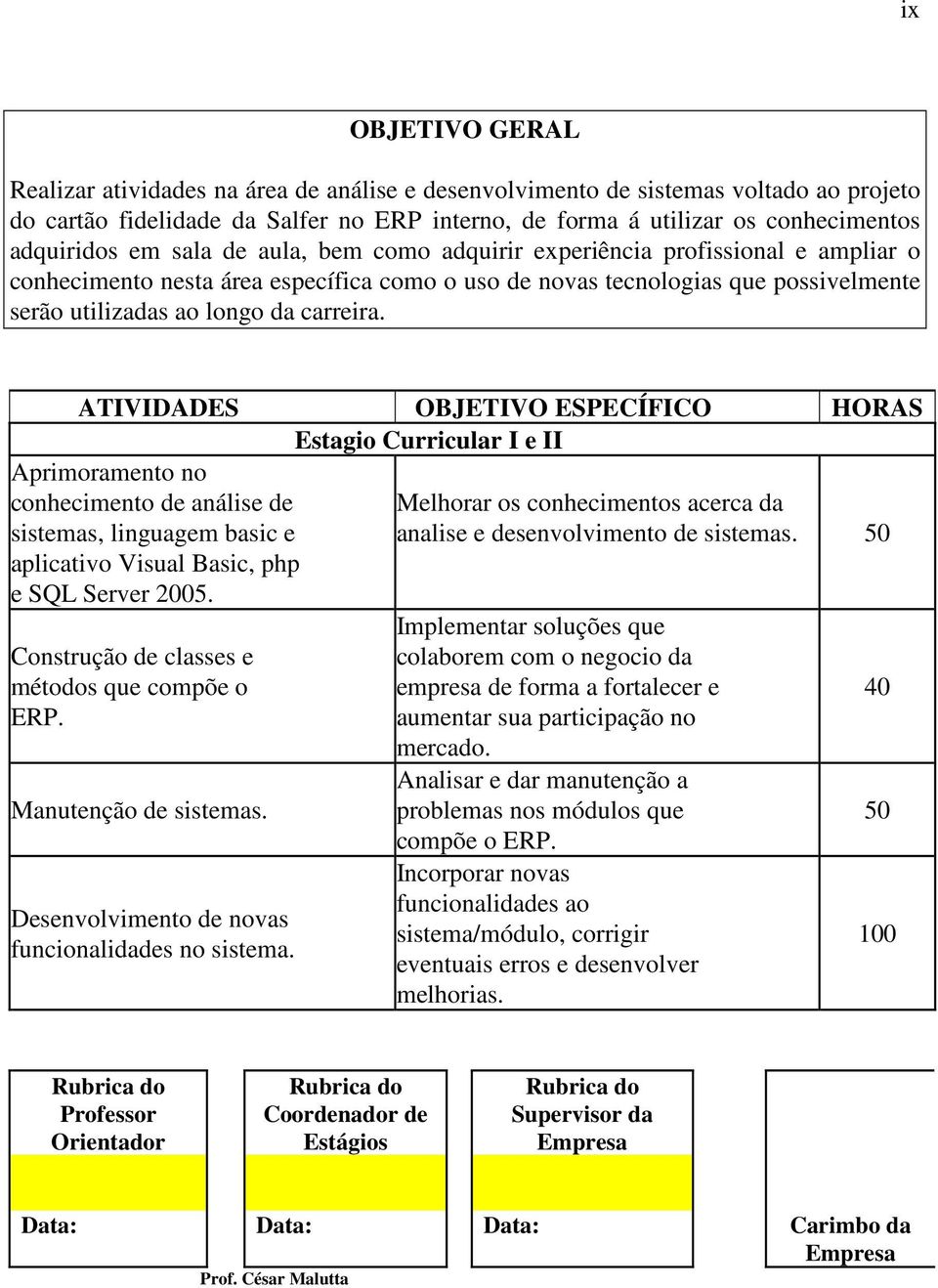 carreira. ATIVIDADES OBJETIVO ESPECÍFICO HORAS Estagio Curricular I e II Aprimoramento no conhecimento de análise de sistemas, linguagem basic e aplicativo Visual Basic, php e SQL Server 2005.